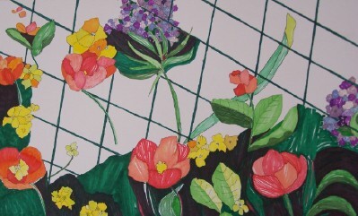 Various flowers painted upon tiles